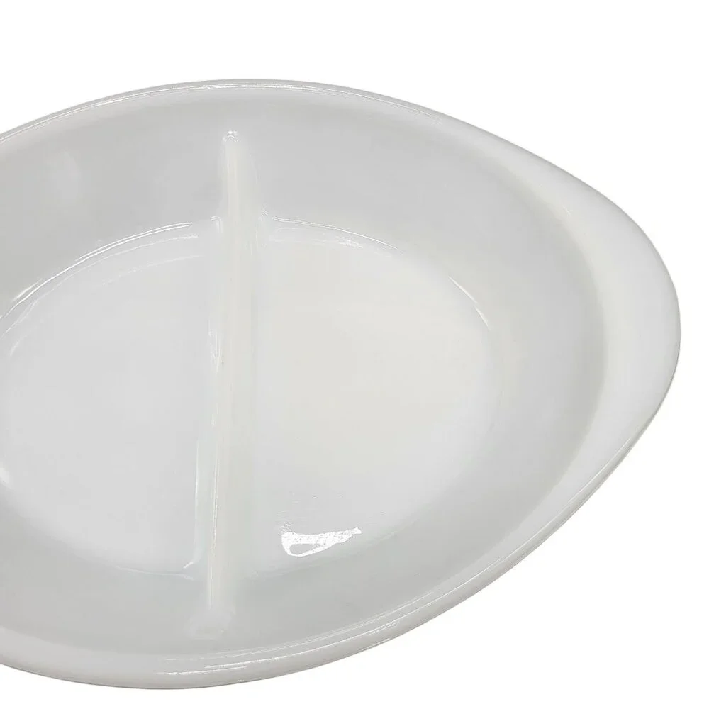 Vintage McKee Glasbake Divided Oval Milk Glass Casserole Dish Handles 2 Sides